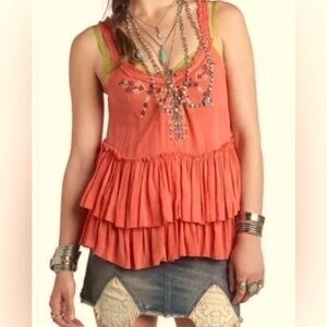Free People Pink Coral Embroidered Ruffled Tank - S